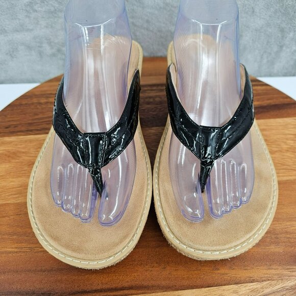 Vionic Grenada Wedge Thong Sandals 10 Black Patent Leather Woven Tan Orthopedic - Picture 5 of 14